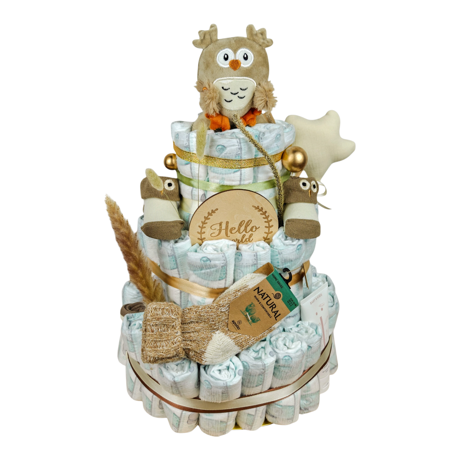 Gâteau de couches Filmore comprenant 60 pampers, hochet hibou, chaussettes bébé, chaussettes en laine et crème pour couches NAÏF