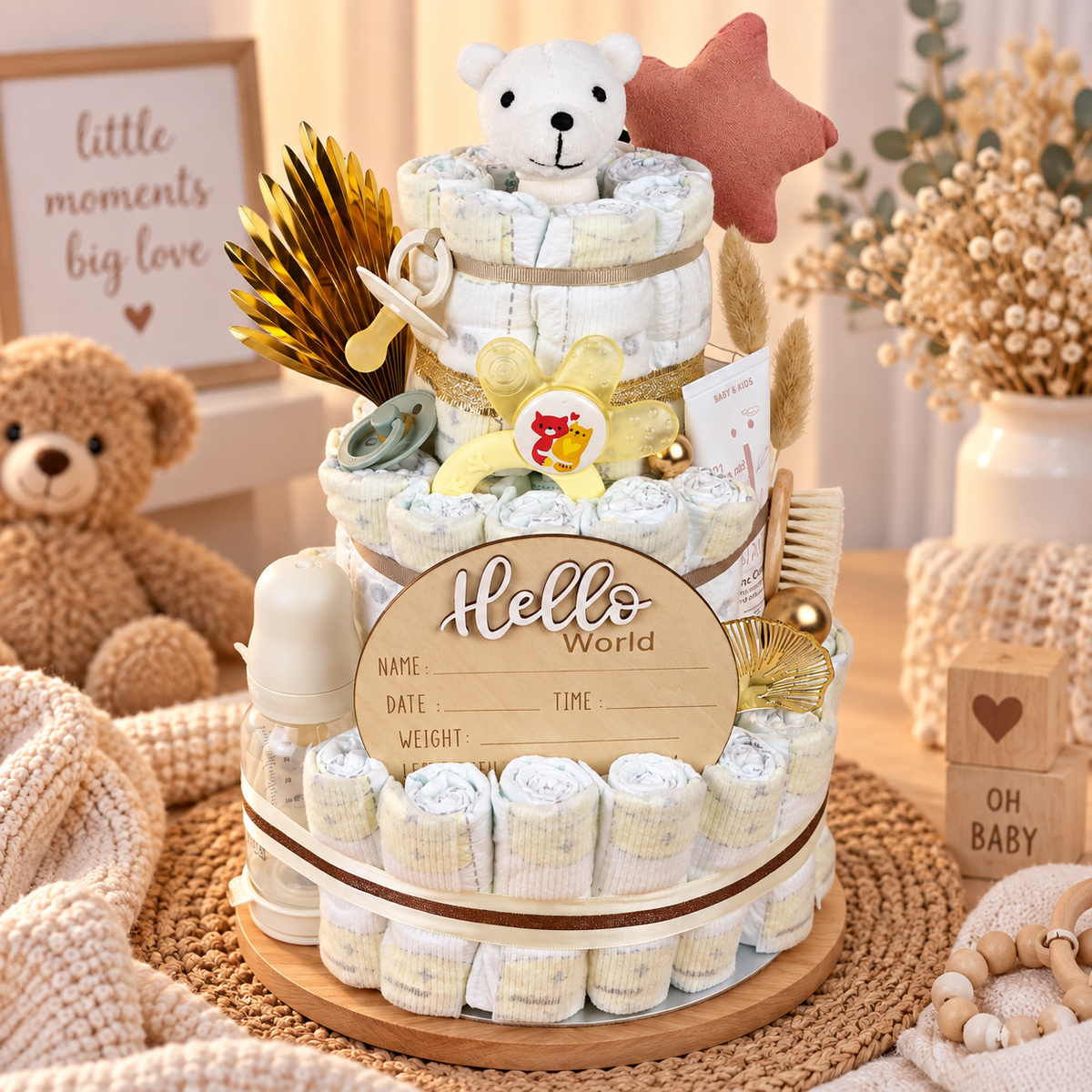 Windeltorte Hello World als hochwertiges Babygeschenk zur Geburt mit Teddybär, Erinnerungsplakette, Beissring, Babyflasche, Pflegeprodukt und liebevollen Details in Natur- und Goldtönen.
