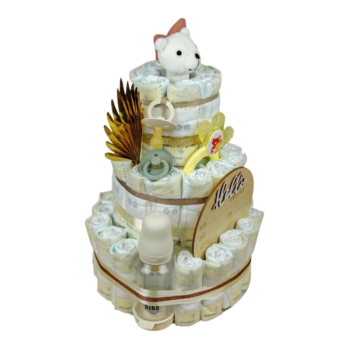 Windeltorte Hello World in Naturtönen mit BIBS Babyflasche, Schnuller, MAM Kühlbeissring und Holzschild