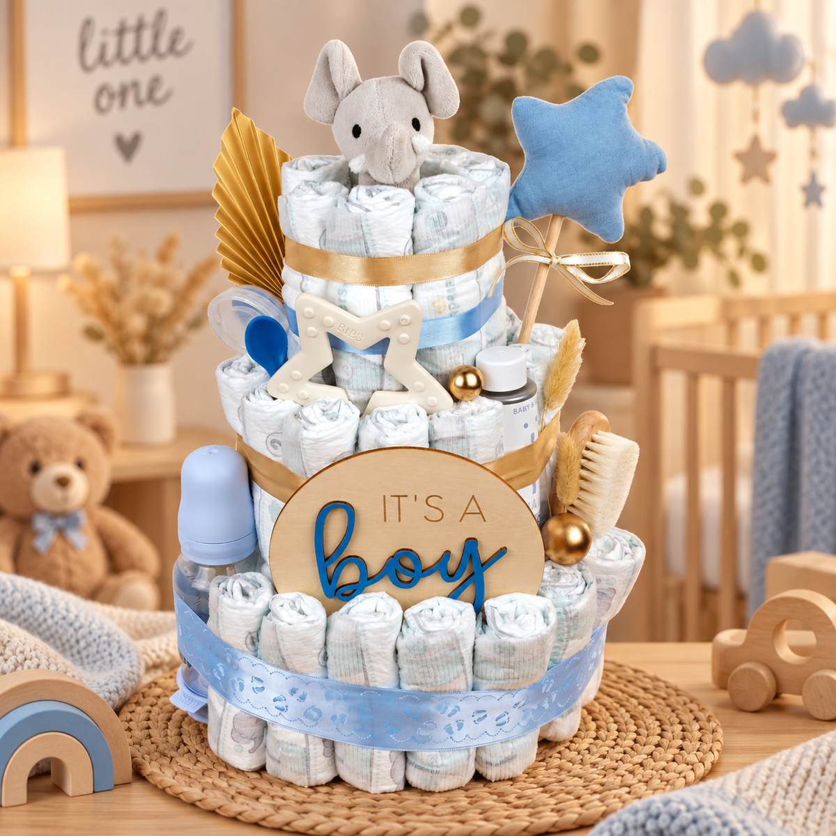 It's a Boy diaper cake as a lovingly designed baby gift in blue with an elephant, star, BIBS teething ring, baby bottle, care product and decorative details in blue and gold.