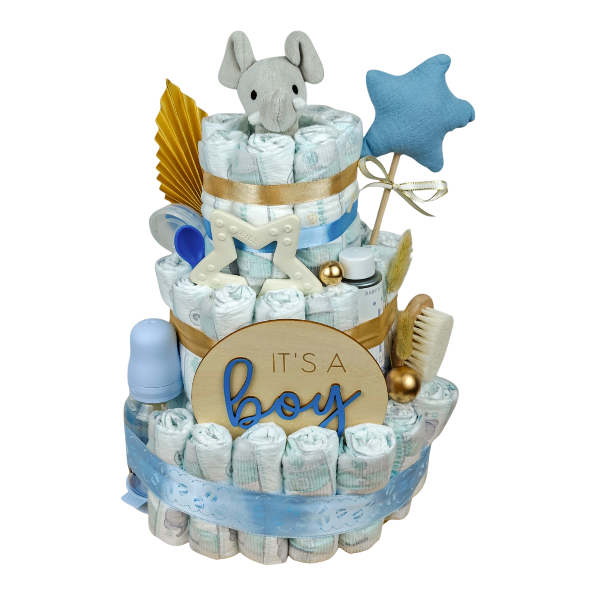It's a Boy diaper cake with 60 Pampers, elephant rattle, BIBS baby bottle, teething ring and NAÏF bath oil
