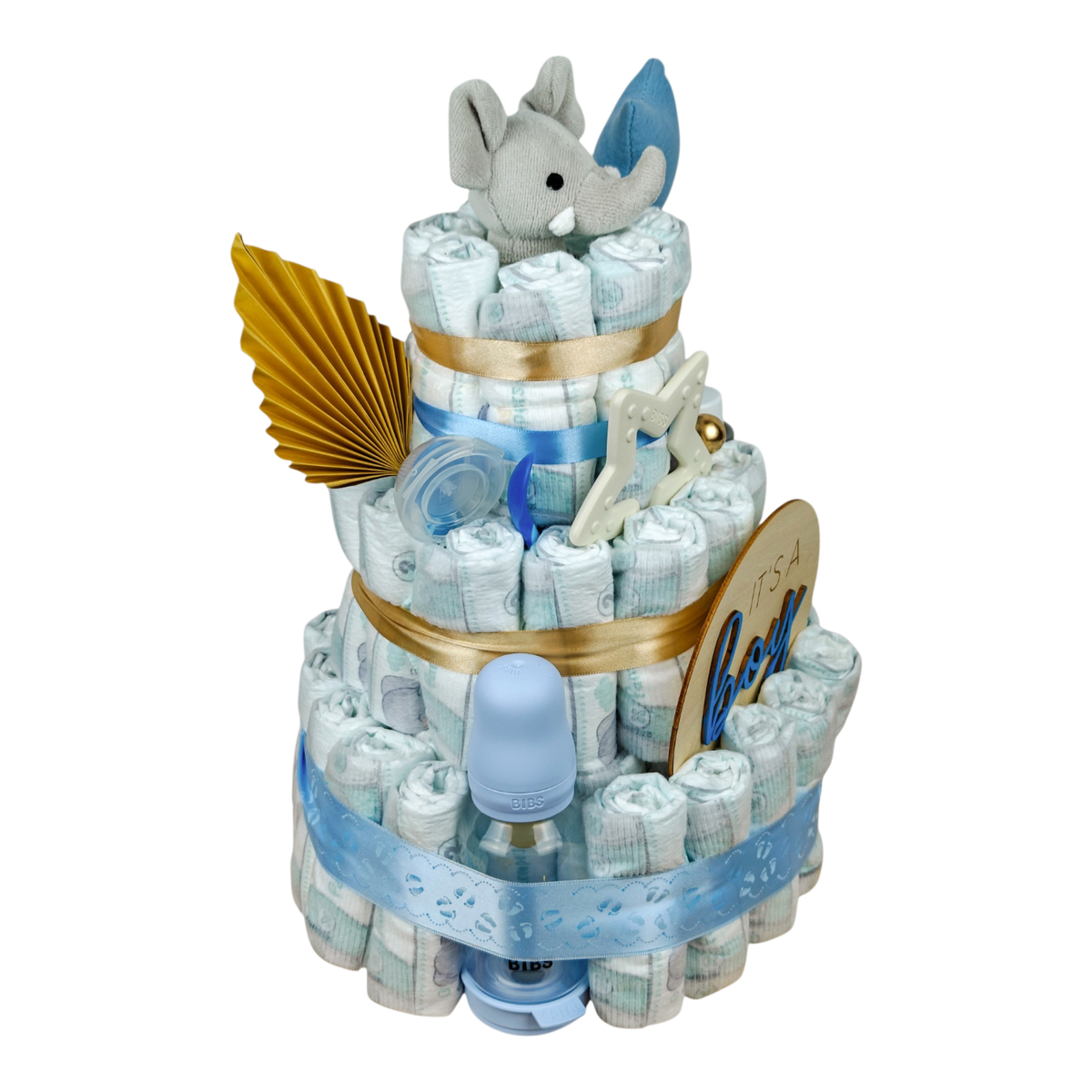 Diaper cake It’s a Boy – side view with BIBS baby bottle, elephant and blue decorative star