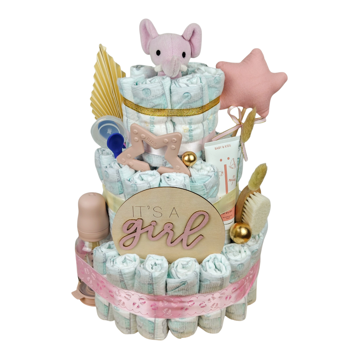 Torta di pannolini It's a Girl con 60 Pampers, elefante rosa, biberon BIBS, ciucci, anello per la dentizione e crema curativa NAÏF