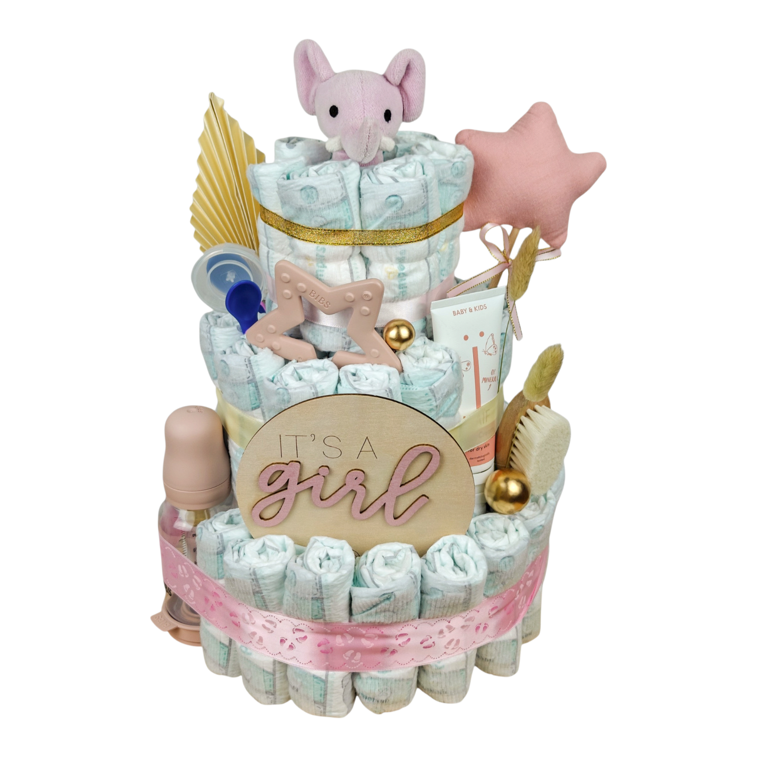 Gâteau de couches C'est une Fille avec 60 Pampers, éléphant rose, biberon BIBS, tétines, anneau de dentition et crème de soin NAÏF