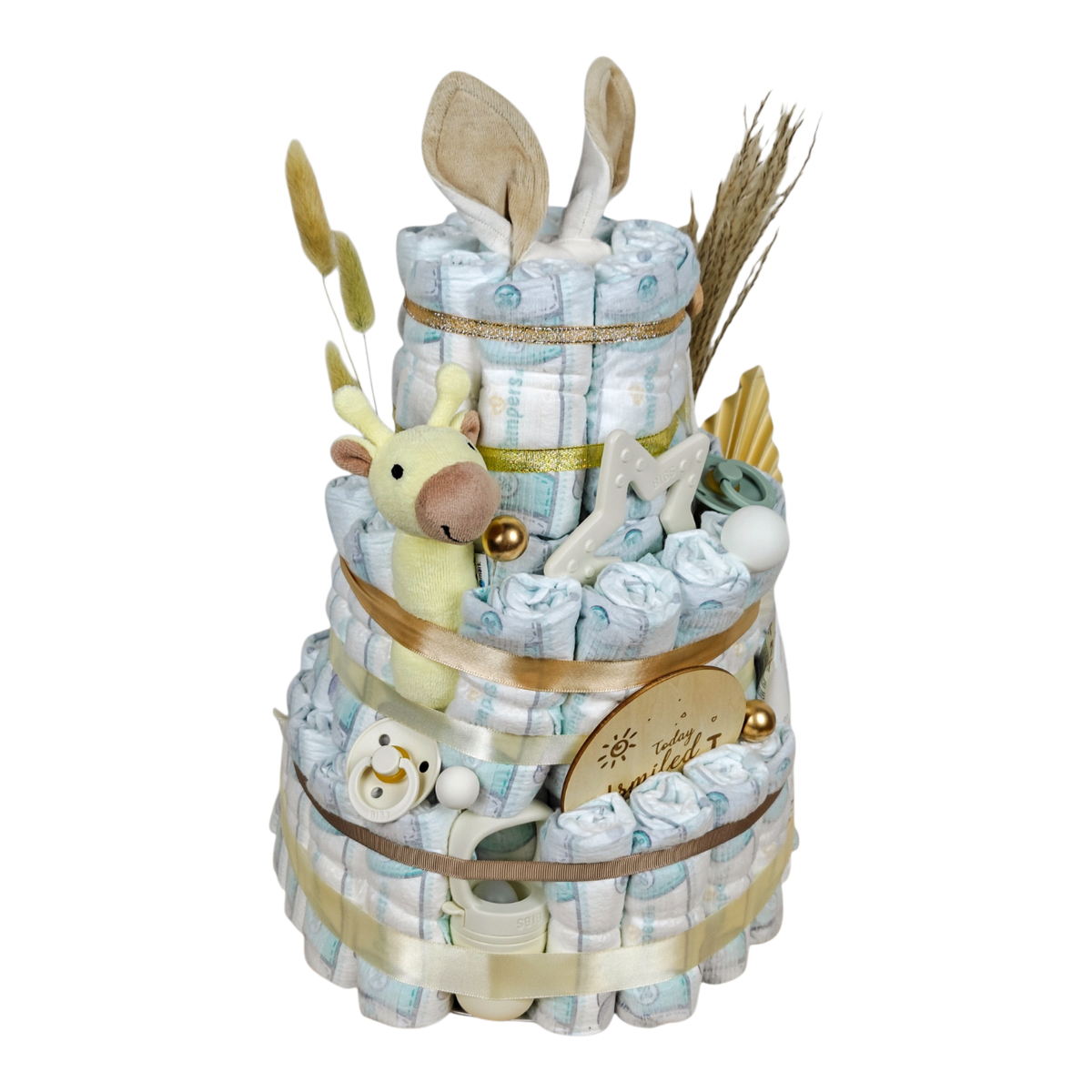 Windeltorte Joelle in Creme und Naturtönen mit BIBS Kuscheltuch, Schnullern, Beissring, Fruchtsauger und Babybürste