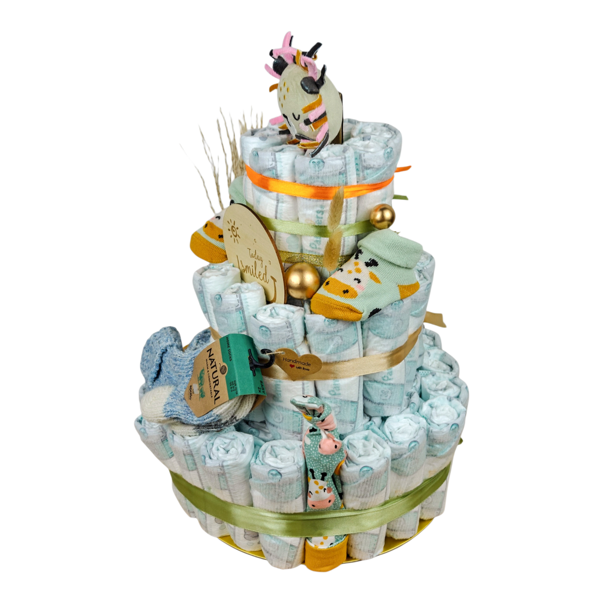 Windeltorte Leon mit Löwe-Kuscheltuch, Babymütze, Lätzchen und Babysocken in Mint und Senfgelb