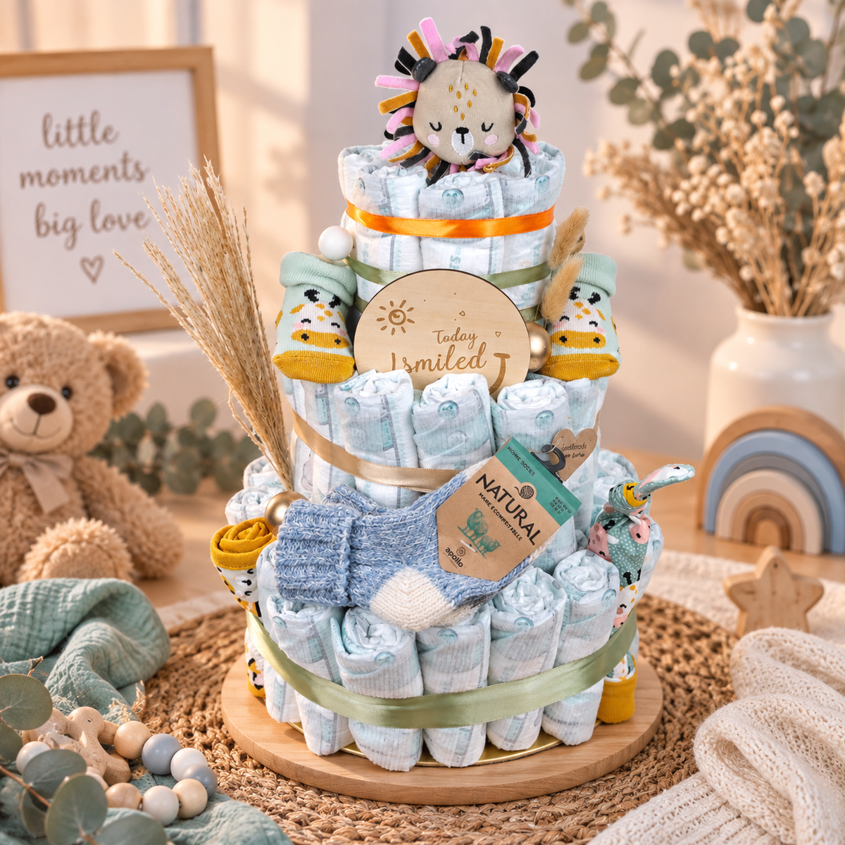 Windeltorte Leon als liebevoll gestaltetes Babygeschenk mit Löwen-Kuscheltier, Babysocken, Wollsocken, Erinnerungsplakette und dekorativen Naturdetails in Grün, Orange und Gold.