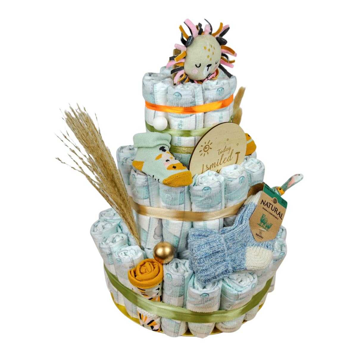 Windeltorte Leon mit 60 Pampers, Jungle Babyset von Apollo und blau-grauen Wollsocken