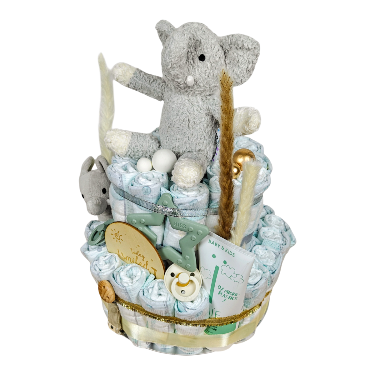 Windeltorte Livio mit Pampers Windeln, Bio Elefant, BIBS Beissring und NAÏF Babypflege