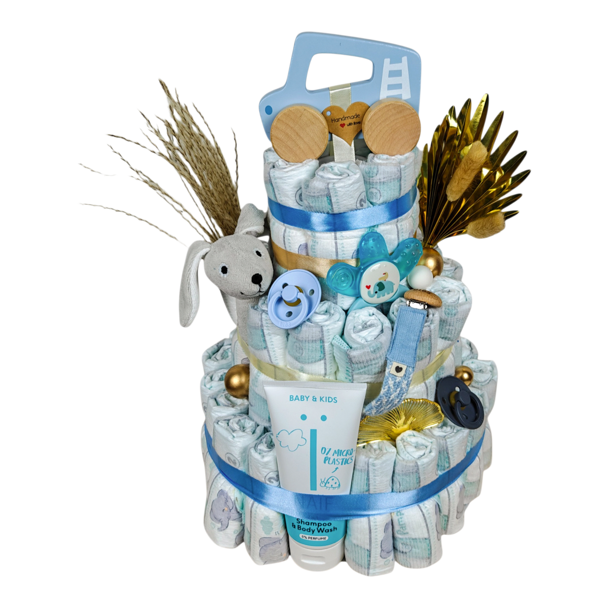 Windeltorte Luca mit 60 Pampers, blauem Holzauto, Bio Babyrassel Hase, BIBS Schnullern, MAM Kühlbeissring und NAÏF Pflege