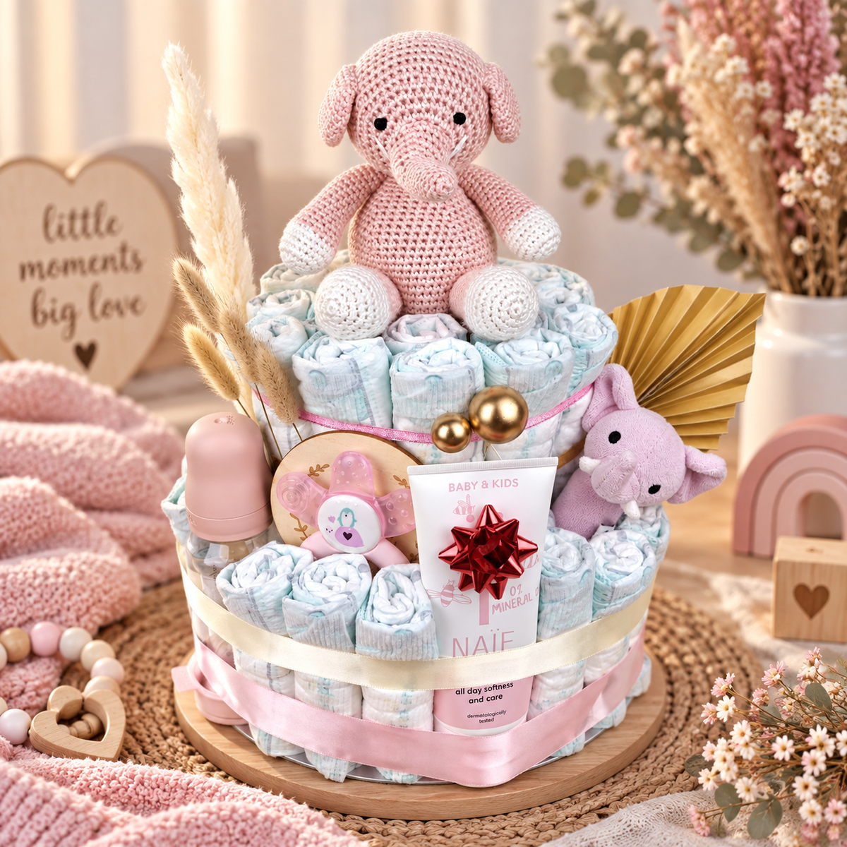 Windeltorte Malia als liebevoll gestaltetes Babygeschenk mit gehäkeltem Elefanten, Schnuller, Babyflasche, NAÏF Pflege und dekorativen Details in Rosa, Creme und Gold.