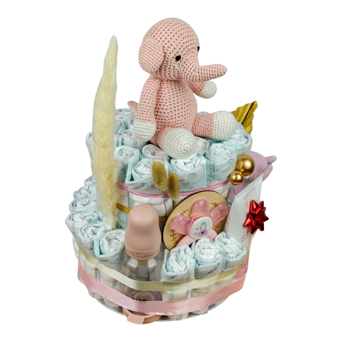 Windeltorte Malia in Rosé mit BIBS Babyflasche, MAM Kühlbeissring und gehäkeltem Elefanten