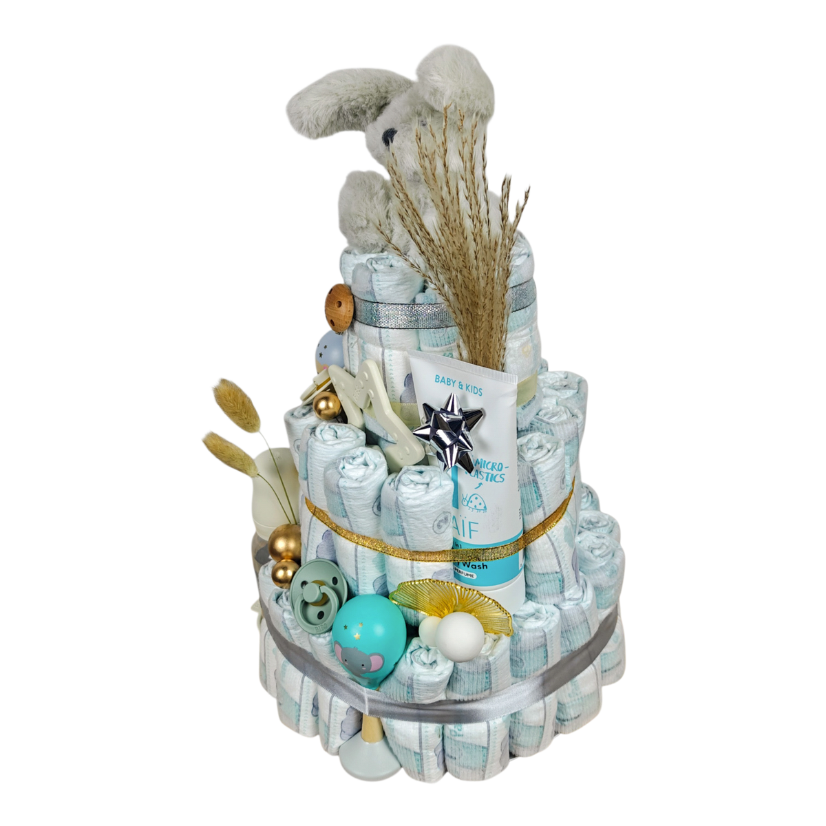 Diaper cake Robin side view with plush bunny, NAÏF care product and loving natural details