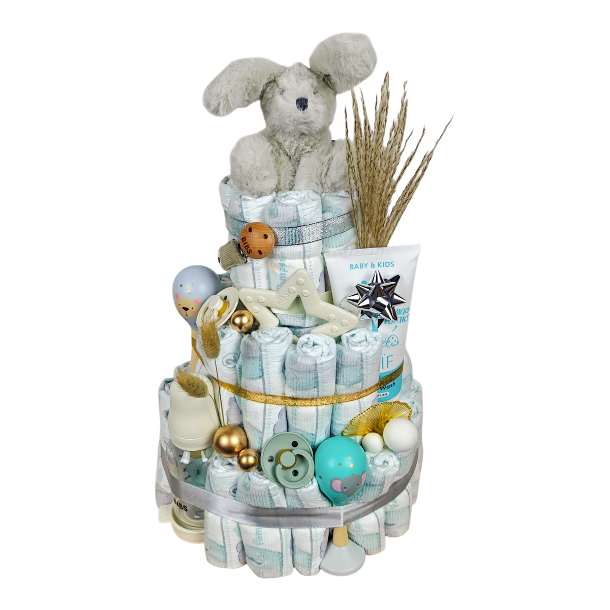 Diaper cake Robin with bunny, BIBS baby bottle, pacifiers, teething ring star, NAÏF 2 in 1 shampoo & shower gel and wooden maracas