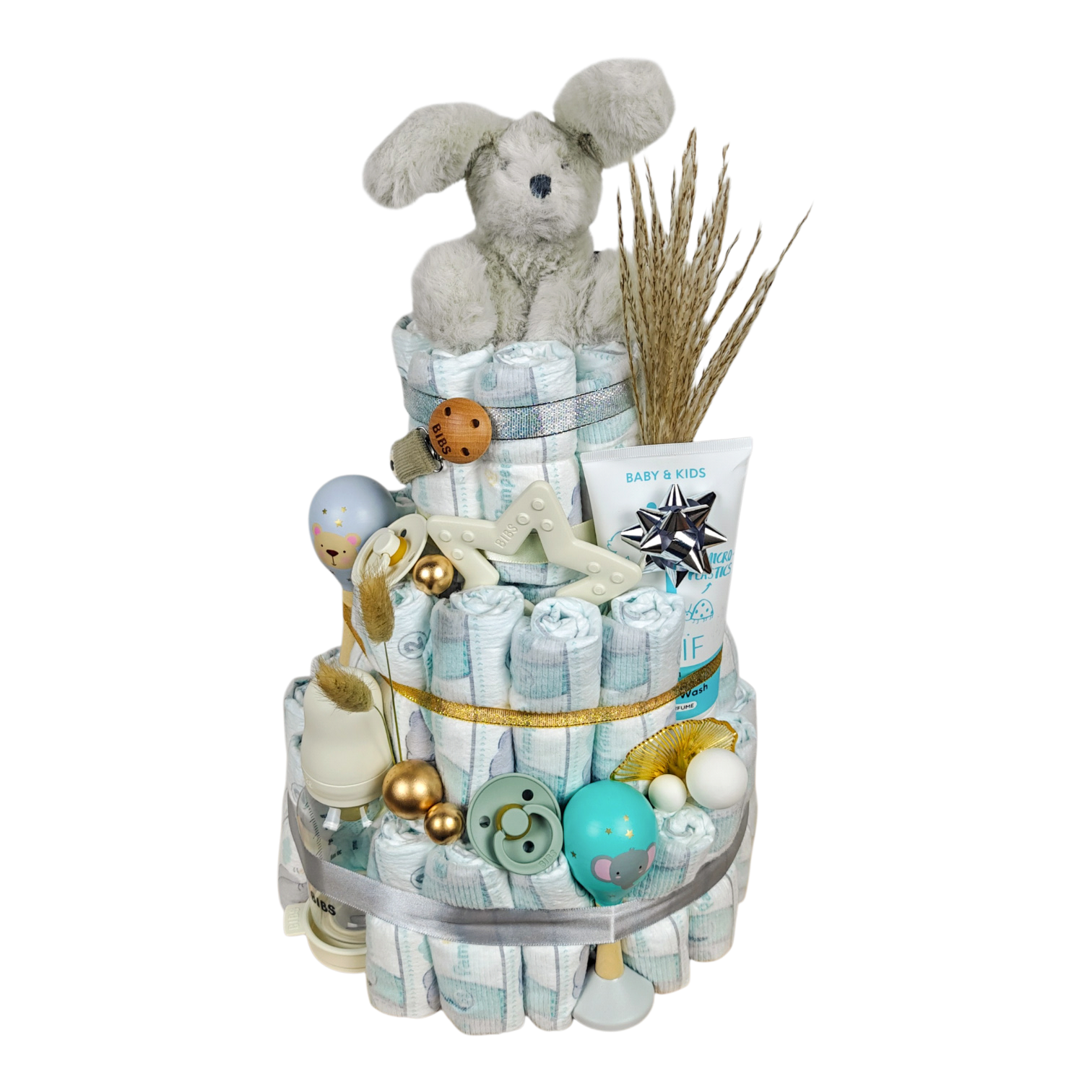 Windeltorte Robin mit Hase, BIBS Babyflasche, Schnullern, Beissring Stern, NAÏF 2 in 1 Shampoo & Duschgel und Holz-Maracas