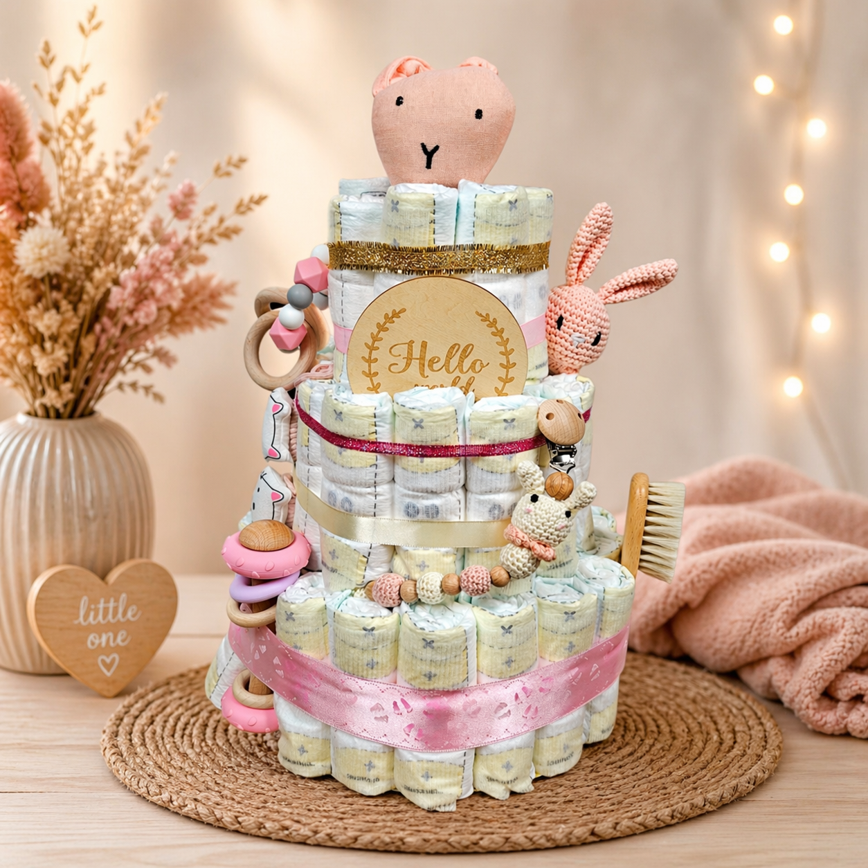 Windeltorte Schnuffel Rosa in der Schweiz Handgefertiges Babygeschenk für besondere Momente.