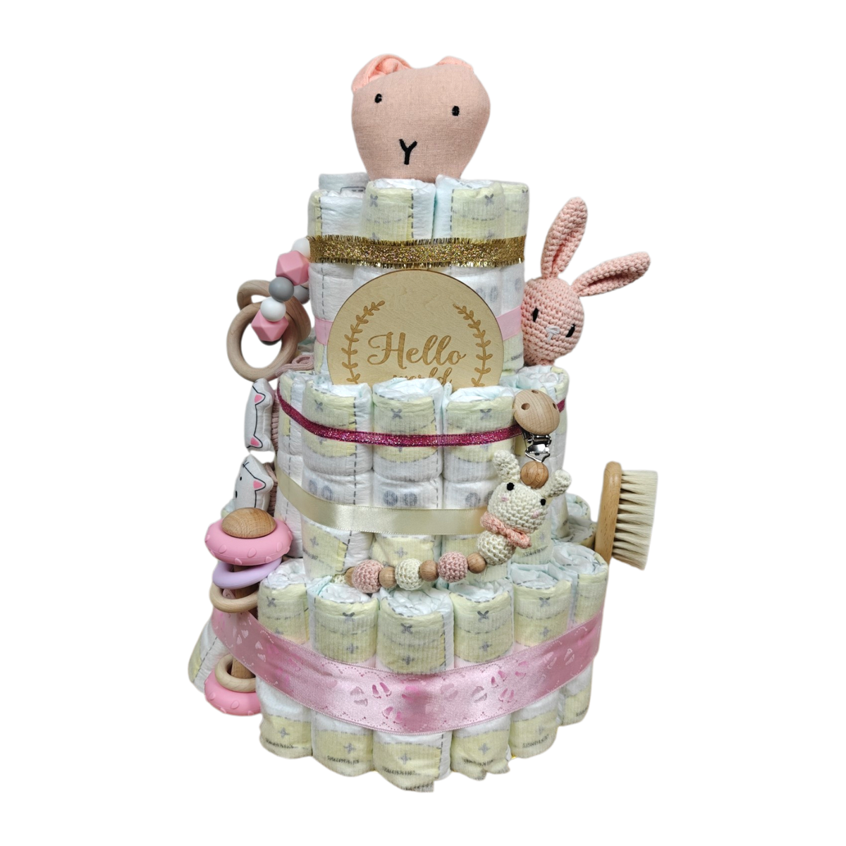 Handmade diaper cake for girls with wooden grasping toys, pacifier chain and stuffed toy