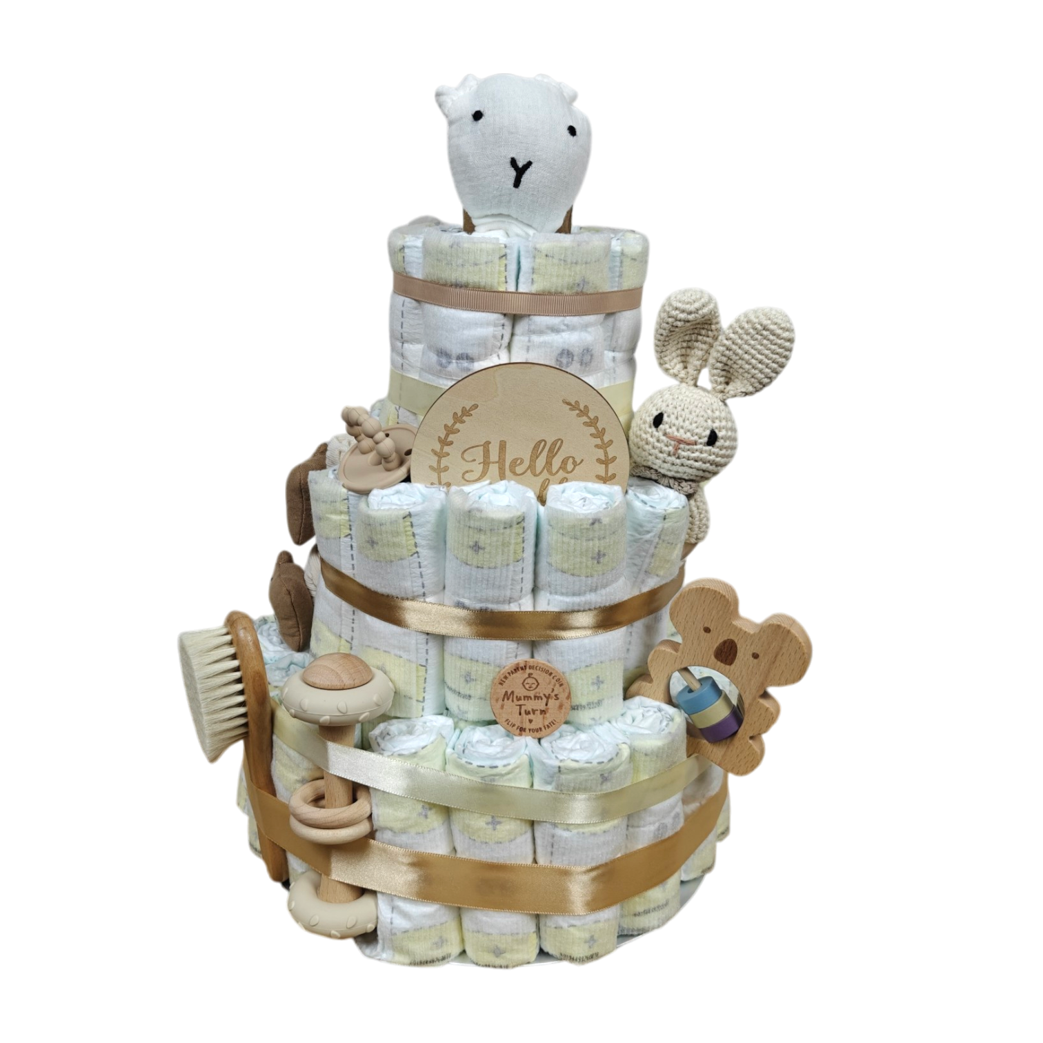 Baby Geschenkset Windeltorte Beige mit Naturholz Spielzeug und gehäkeltem Hasen