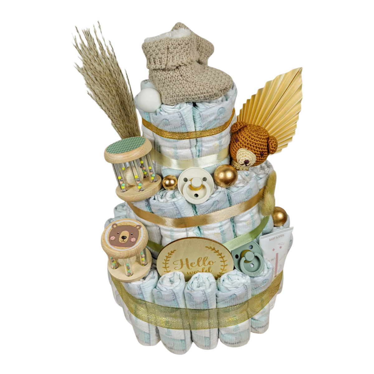 Gâteau de couches Vincie avec 60 Pampers, chaussons bébé tricotés, hochet ours, tétines BIBS et crème pour couches NAÏF