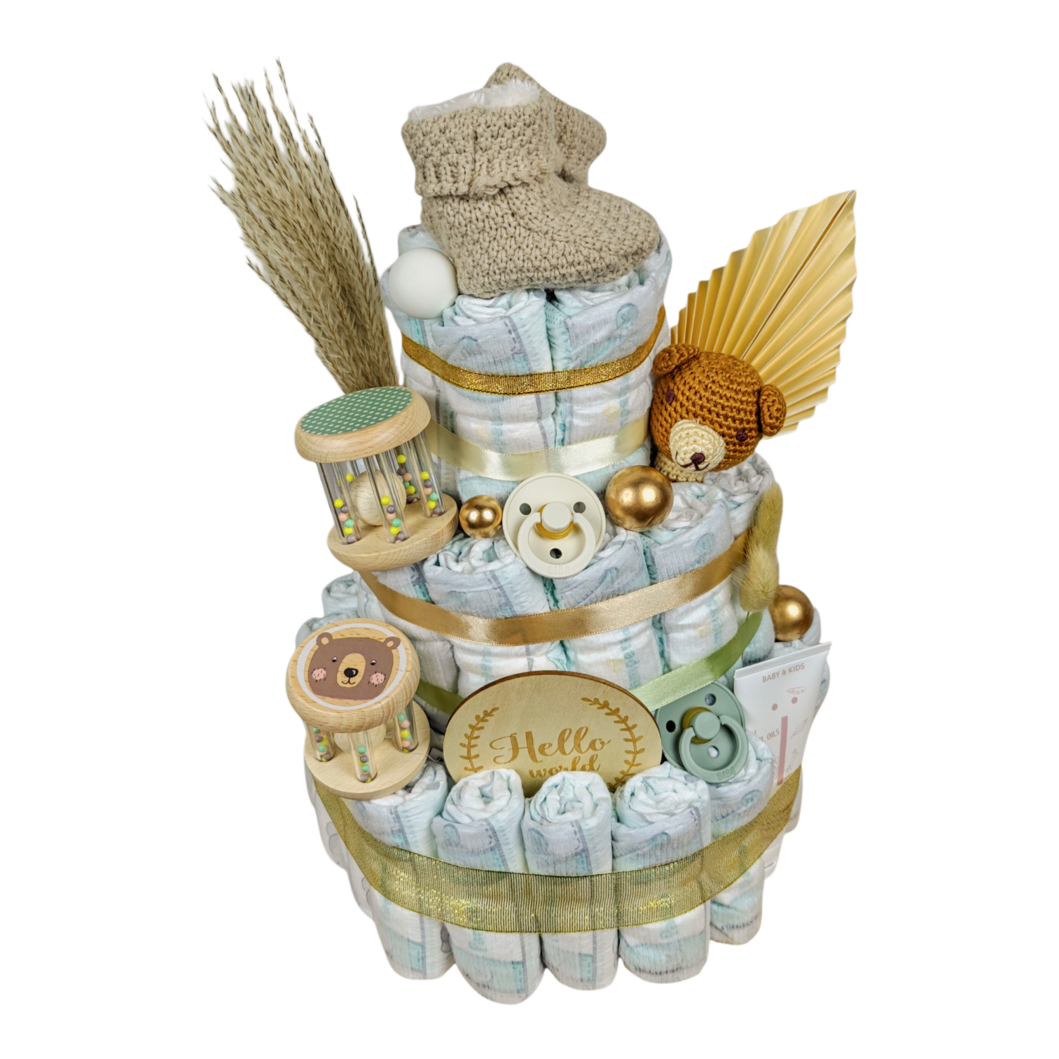 Windeltorte Vincie mit 60 Pampers, gestrickten Babyschuhen, Bärenrassel, BIBS Schnullern und NAÏF Windelcreme