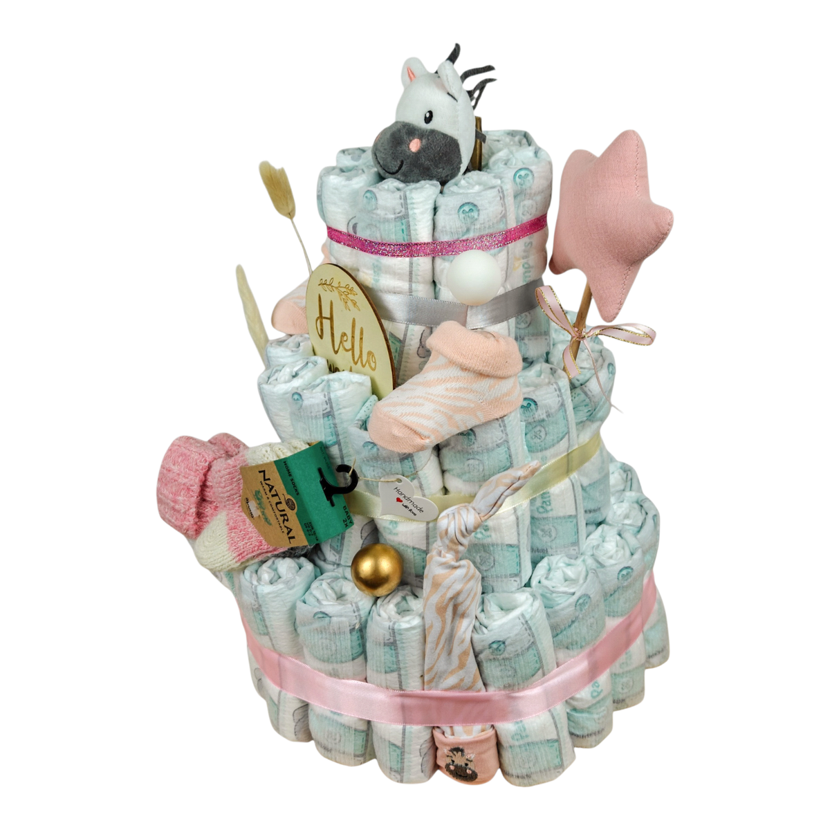 Windeltorte Zoe in Rosa mit 60 Pampers, Zebra-Schmusetuch, Babymütze, Babysocken und 2 Paar Wollsocken