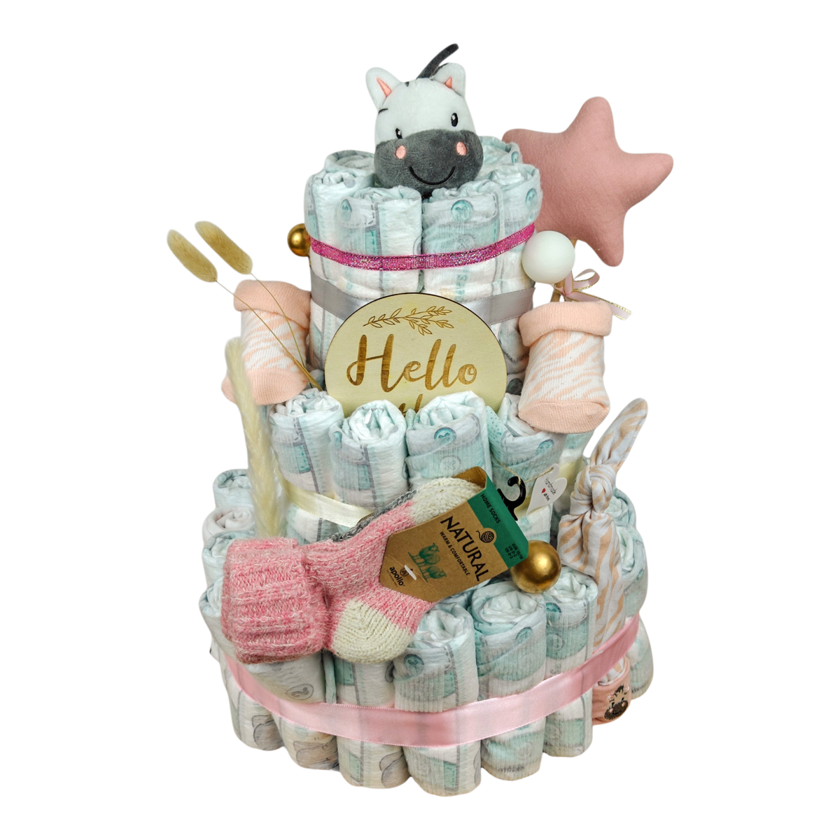 Windeltorte Zoe mit 60 Pampers Grösse 2, Zebra-Schmusetuch, Babymützchen, Babymütze, Babysocken und Wollsocken für Mädchen