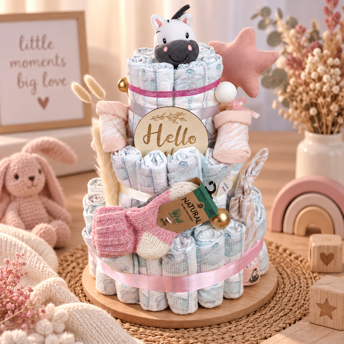 Windeltorte Zoe als liebevoll gestaltetes Babygeschenk für Mädchen mit Kuscheltier, Babysocken, Holzschild, Rassel und dekorativen Details in Rosa, Creme und Gold.