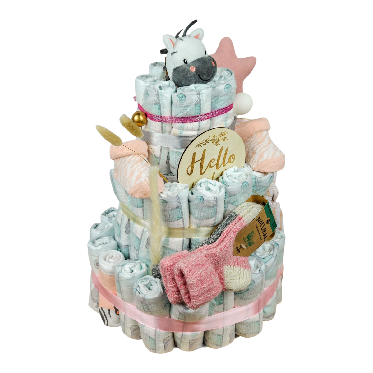 Handgefertigte Windeltorte Zoe mit Pampers Premium Protection, Zebra-Babyartikeln und Wollsocken in Rosa und Hellgrau
