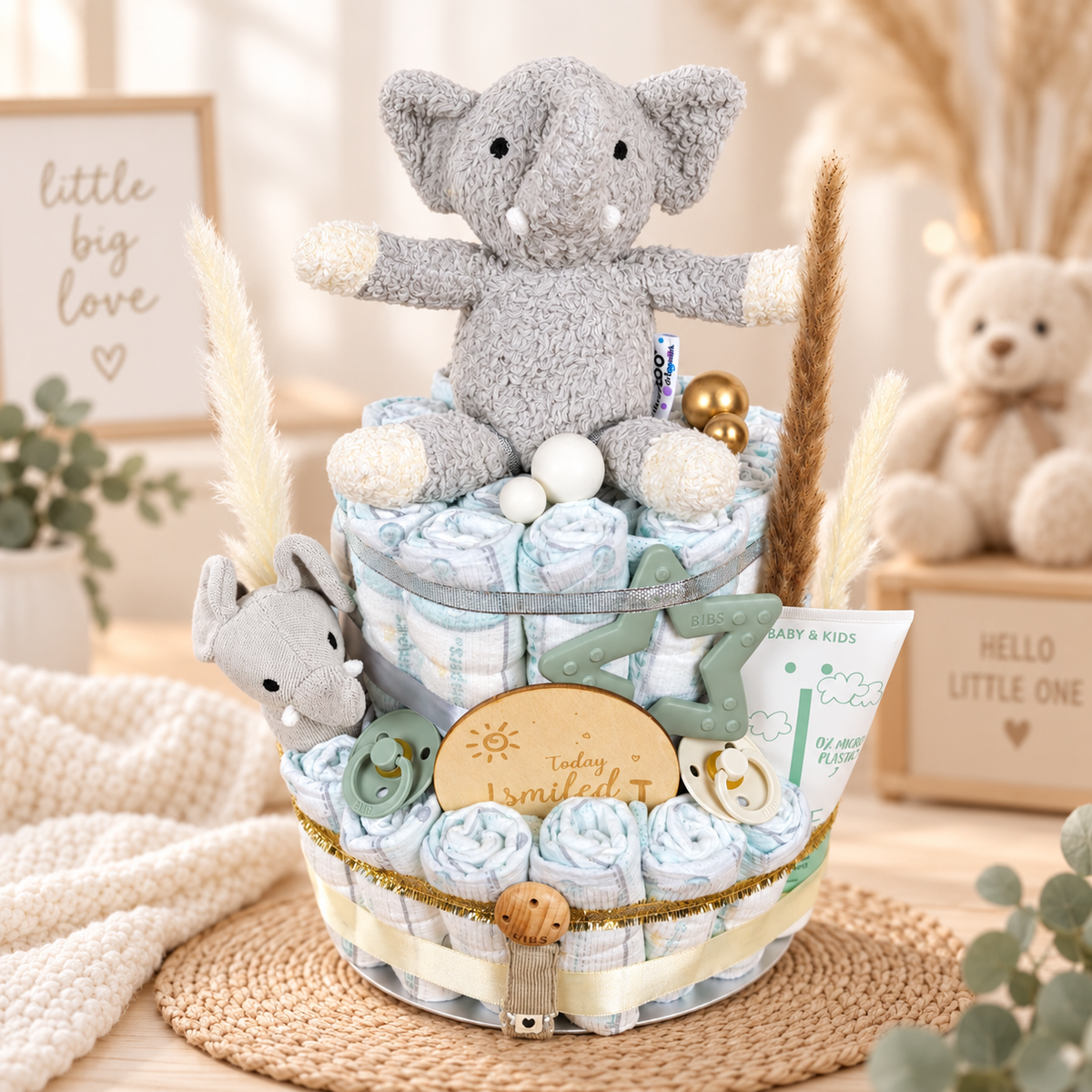 Windeltorte mit grauem Elefanten, BIBS Schnullern, Baby Pflege und liebevollen Accessoires als Geschenk zur Geburt.