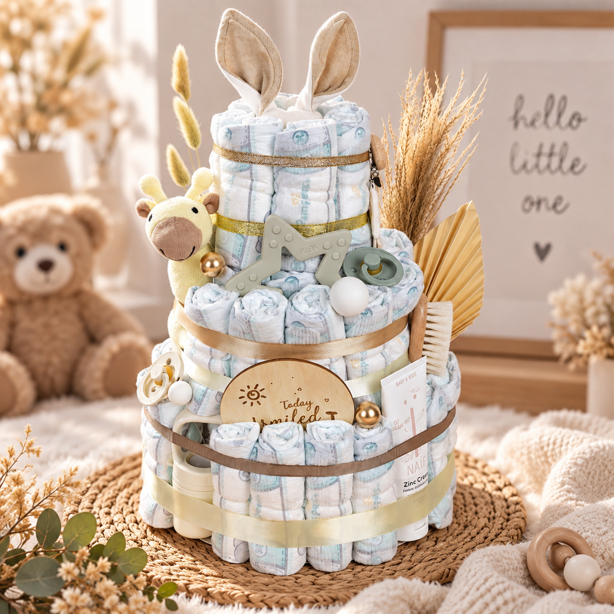 Dreistöckige Windeltorte mit Giraffe, BIBS Beissring, Schnullern und Baby-Pflege als liebevolles Geschenk zur Geburt.