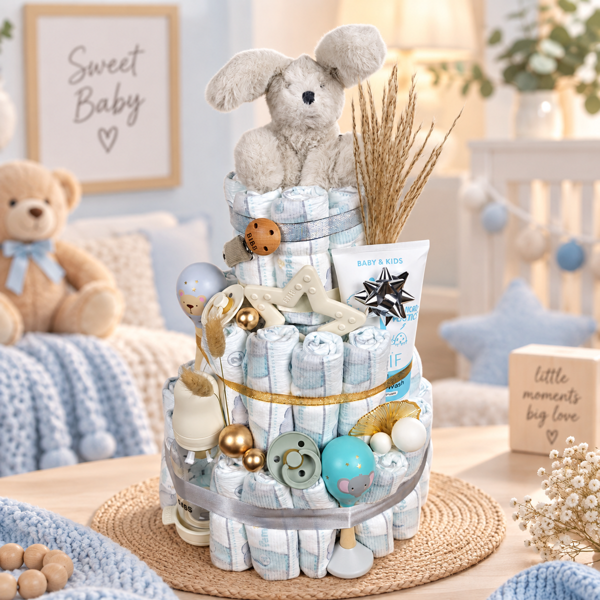 Lovingly decorated diaper cake with a cuddly bunny, BIBS baby items, care products and stylish accessories in a warm baby room setting.