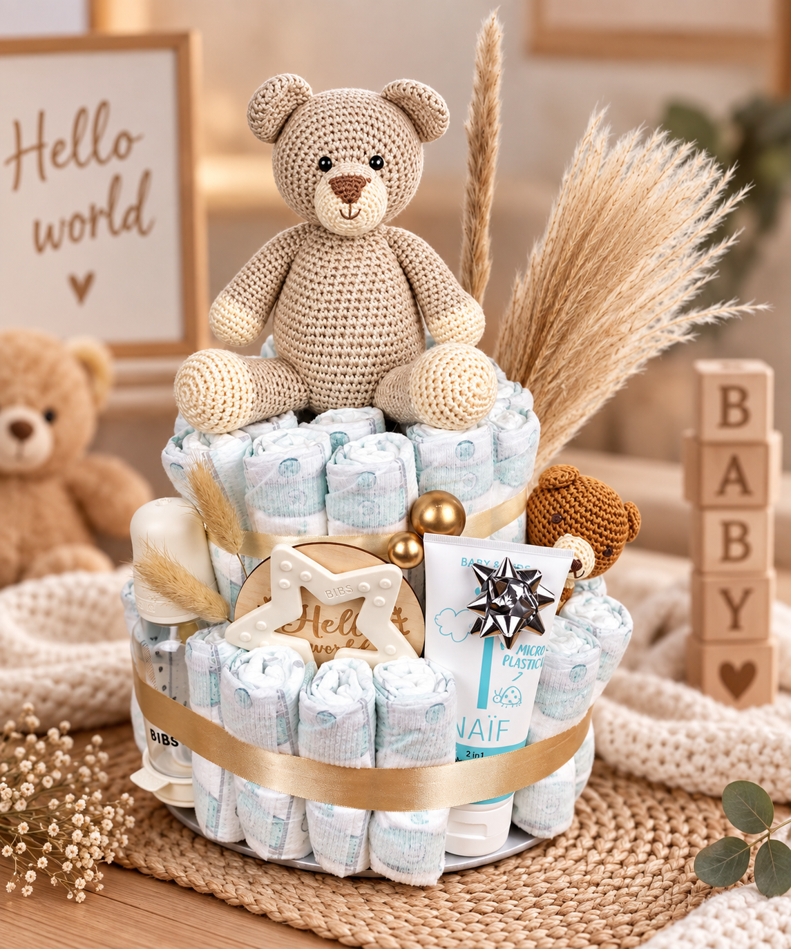 Liebevoll gestaltete Windeltorte in Eisblau mit gehäkeltem Teddybären, BIBS Schnuller, NAÏF Pflege und natürlichen Trockenblumen als stilvolles Babygeschenk zur Geburt.