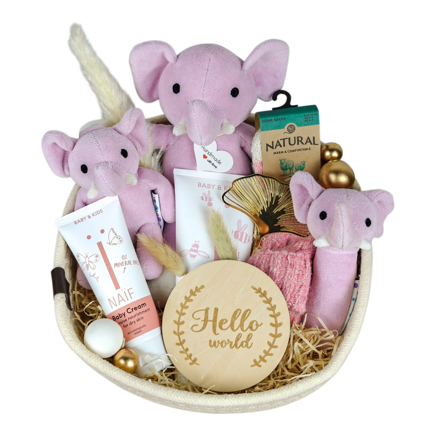 Geschenkkorb Lili mit Bio Plüschtier Elefant, Kinderwagenanhänger, Babyrassel, NAÏF Pflege und Wollsocken im weissen Baumwollkorb