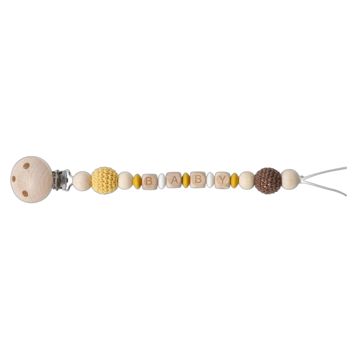 Die Hello World Schnullerkette mit Aufschrift "Baby" Gelb [22x3,5cm] besteht aus Holz- und Häkelperlen in Gelb-, Braun- und Naturtönen - eine charmante und sichere Wahl für Ihr Baby.