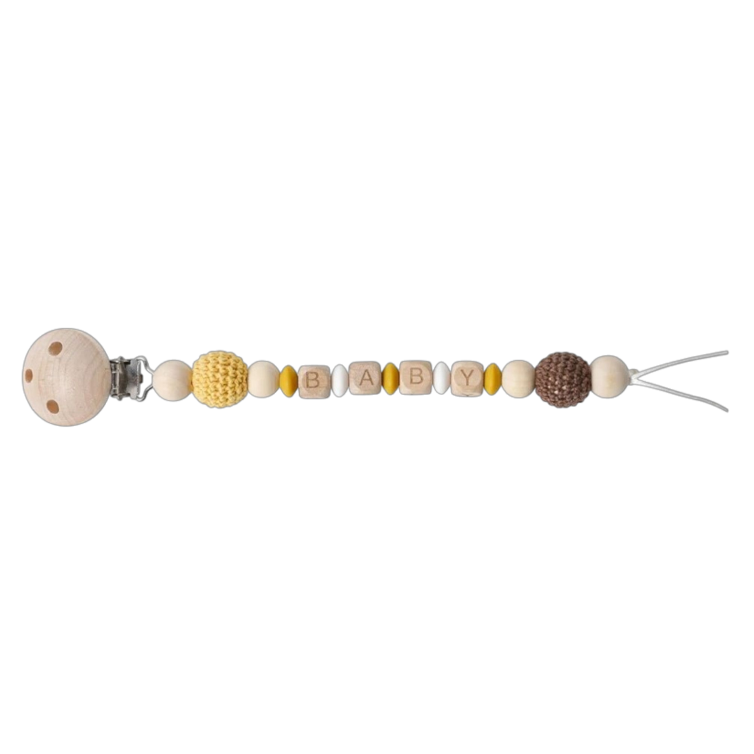 Die Hello World Schnullerkette mit Aufschrift "Baby" Gelb [22x3,5cm] besteht aus Holz- und Häkelperlen in Gelb-, Braun- und Naturtönen - eine charmante und sichere Wahl für Ihr Baby.